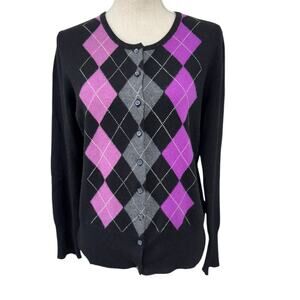 "100% CASHMERE" Sweater,Button up, Harlequin,Quiet Luxury,Academia,School Girl,L